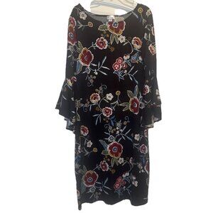 Olivia Matthews Black Colorful Floral Tunic Dress 3/4 Bell Sleeve Sz L Stretch